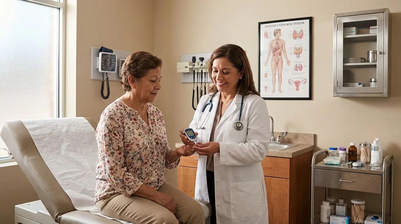 Patient checking their glucose level as part of diabetes management in Houston