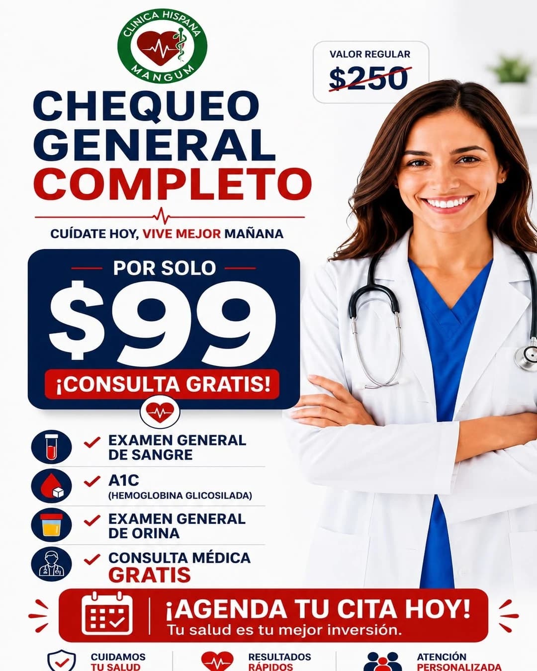 Promoción de chequeo general completo con examen de sangre, A1C, examen de orina y consulta médica gratis por $99 en Clínica Hispana Mangum, Houston