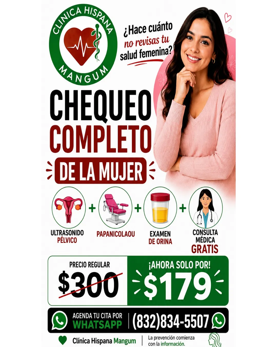 Promoción de chequeo completo de la mujer con ultrasonido pélvico, Papanicolaou, examen de orina y consulta médica gratis por $179 en Clínica Hispana Mangum, Houston