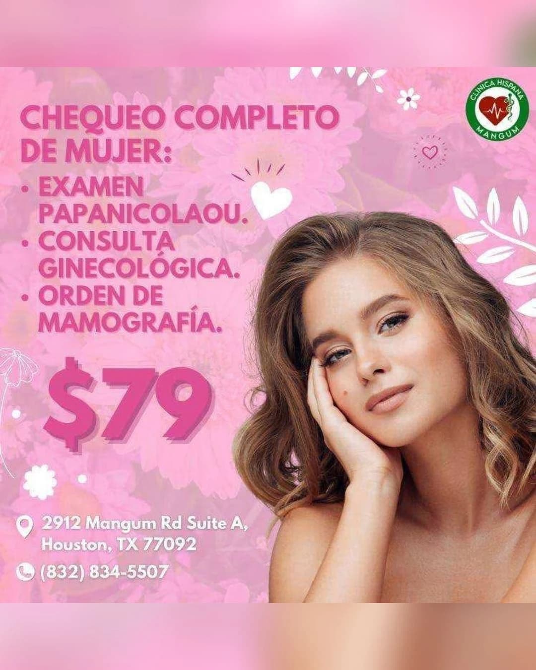 Promoción de chequeo completo de la mujer con Papanicolaou, consulta ginecológica y orden de mamografía por $79 en Clínica Hispana Mangum, Houston