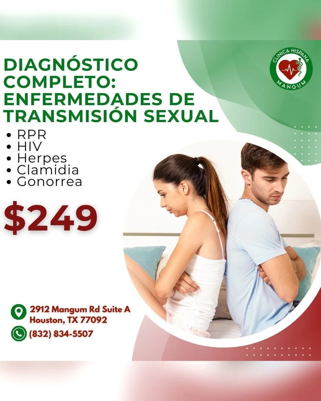Promoción de diagnóstico completo de enfermedades de transmisión sexual por $249 en Clínica Hispana Mangum, Houston