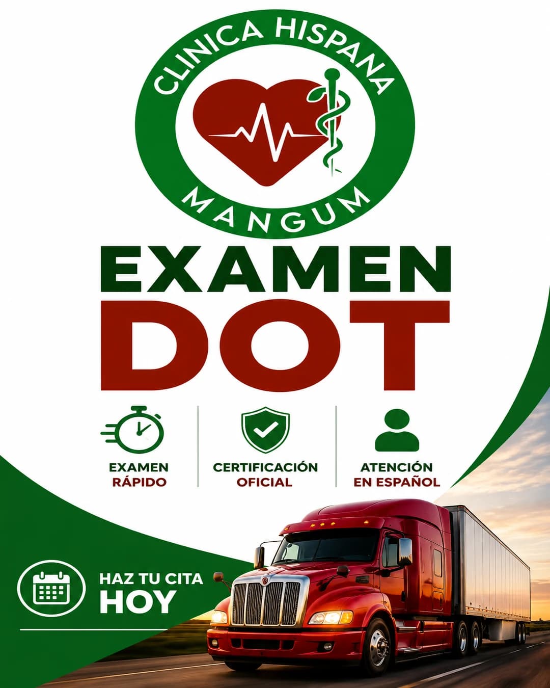 Promoción de examen médico DOT para licencia CDL en Clínica Hispana Mangum, Houston