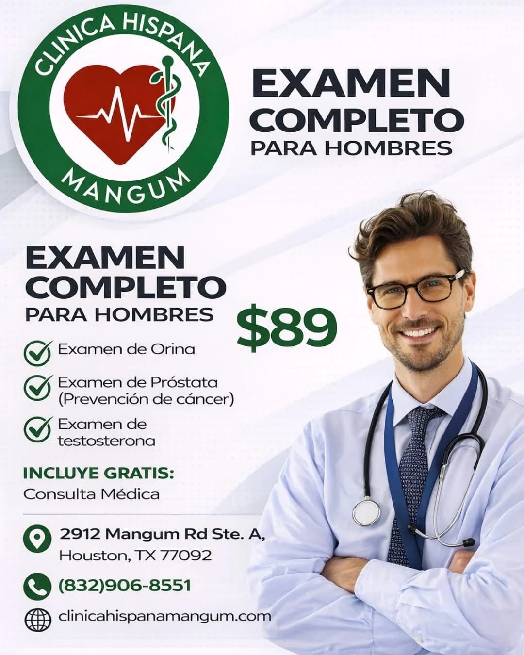 Promoción de examen completo para hombres con examen de orina, próstata y testosterona por $89 en Clínica Hispana Mangum, Houston