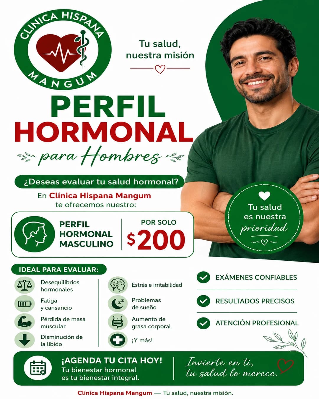 Promoción de perfil hormonal masculino por $200 en Clínica Hispana Mangum, Houston