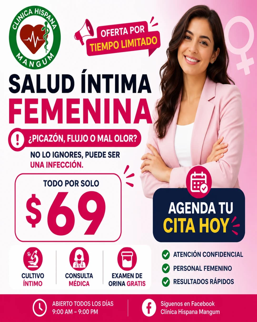 Promoción de salud íntima femenina por $69 en Clínica Hispana Mangum, Houston