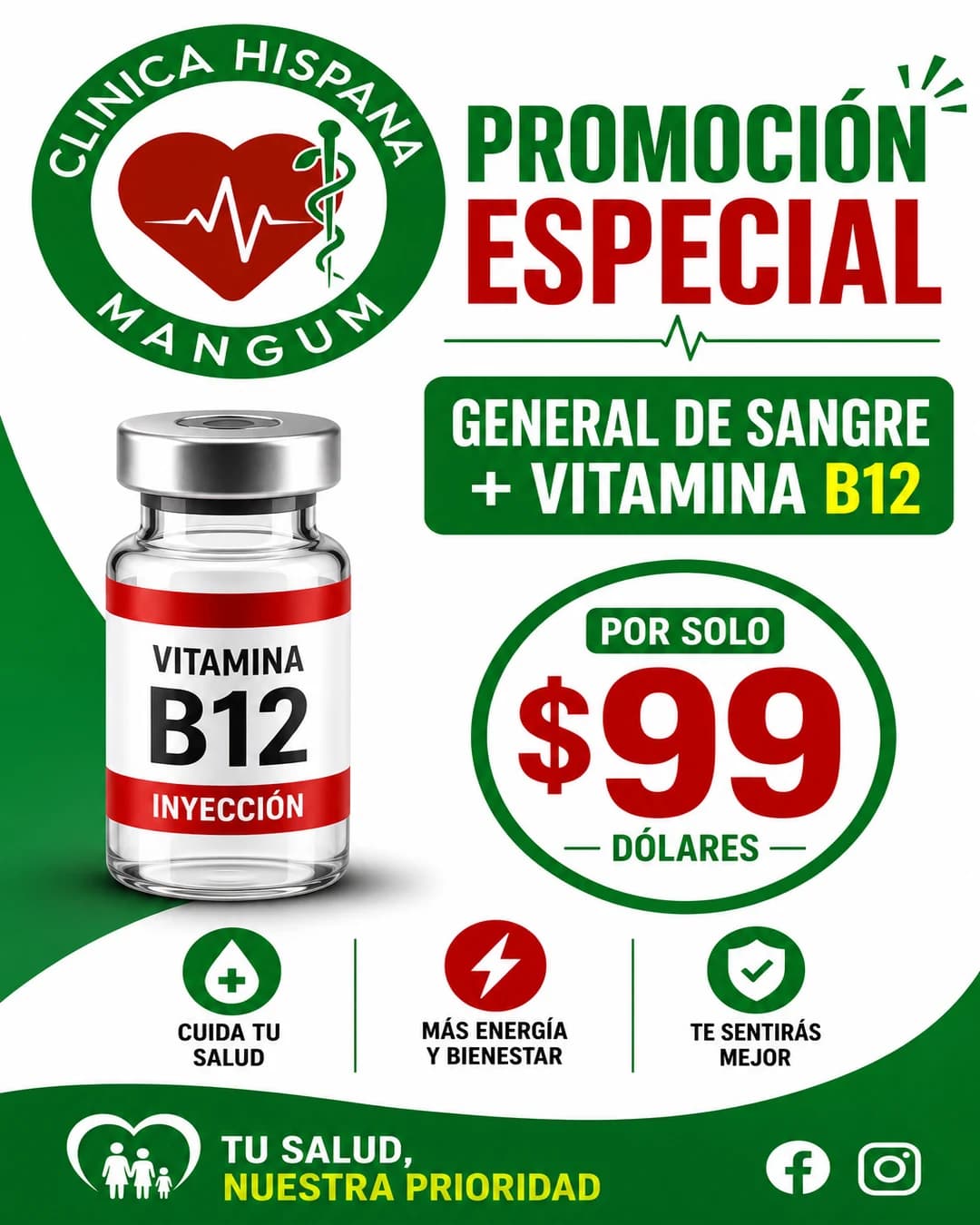 Promoción de examen general de sangre con inyección de vitamina B12 por $99 en Clínica Hispana Mangum, Houston